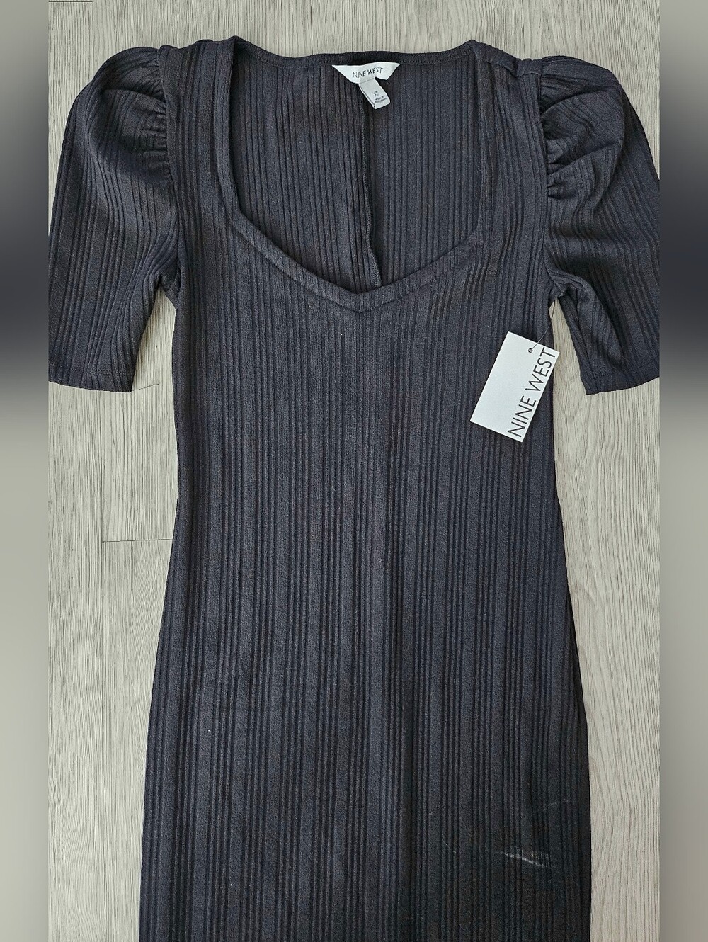 Nine West Black Ribbed V-Neck Midi Dress with Puff Sleeves